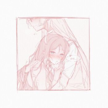 2girls bang_dream! bang_dream!_it&#039;s_mygo!!!!! bite_mark bite_mark_on_arm blue_eyes brown_hair chihaya_anon closed_mouth commentary hashtag-only_commentary highres hug long_hair multiple_girls nagasaki_soyo open_mouth pink_hair short_sleeves sidelocks waeoo yuri