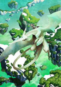 1boy absurdres commentary_request day dragon fantasy floating_island highres hood hood_down open_mouth original outdoors riding riding_animal riding_dragon sakanobekurobee short_hair