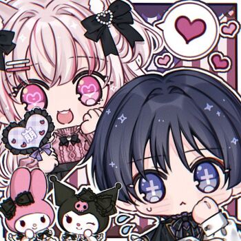 1boy 1girl :&lt; alternate_costume animal_ears artist_request black_bow black_capelet blunt_ends bow cable_knit capelet casual cat_ears cat_girl closed_mouth collar commission commissioner_insert contemporary couple cross-shaped_pupils crossover eyelashes eyeliner eyeshadow flying_sweatdrops frilled_capelet frilled_collar frills genshin_impact hair_bow hair_intakes hair_ornament hand_on_own_face hand_up hayami_momo_(hayamimomo) heart heart-shaped_pupils heart_hair_ornament hetero holding kuromi light_blush looking_at_viewer makeup multicolored_hair my_melody oc_x_canon onegai_my_melody open_mouth original pink_collar pink_eyes pink_hair pink_sweater red_eyeliner red_eyeshadow ribbed_collar sanrio scaramouche_(genshin_impact) second-party_source streaked_hair striped_background sweater symbol-shaped_pupils tareme teeth upper_teeth_only wispy_bangs