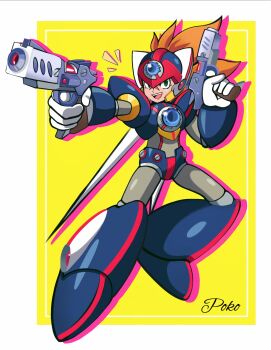 Rule 34 | 1boy, artist name, axl (mega man), border, brown hair, chest jewel, cross scar, dual wielding, finger on trigger, forehead jewel, full body, green eyes, gun, helmet, highres, holding, holding gun, holding weapon, male focus, mega man (series), mega man x (series), poko589, red helmet, scar, scar on face, simple background, solo, weapon, white border, yellow background