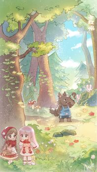 2girls ? animal ankle_socks apron argyle_clothes argyle_dress artist_request baguette basket big_bad_wolf blue_shorts blue_sky blue_tank_top blunt_bangs blush_stickers bow bowtie braid bread brown_eyes brown_hair bush cat chibi chinese_commentary chinese_text cloak clothed_animal clothes_writing cloud collared_shirt commentary_request confused covering_own_mouth cross-laced_clothes cross-laced_dress day dress dress_ribbon ear_covers eyelashes finger_to_mouth floral_print flower food forest frilled_apron frilled_dress frilled_socks frills grass hand_on_own_head hand_on_own_hip hiding high_collar highres hood hood_up hooded_cloak light_particles little_red_riding_hood_(fairy_tale) little_red_riding_hood_(fairy_tale_character) long_hair long_sleeves looking_at_another low_twin_braids medium_dress momo_(nikki) motion_lines multiple_girls mushroom nature nikki_(nikki) nikki_(series) official_art outdoors path pinafore_dress pine_tree pink_dress pink_hair rabbit red_bow red_bowtie red_cloak red_dress red_flower red_ribbon ribbon road rock scared second-party_source shining_nikki shirt shoes short_dress shorts sidelocks sky sleeveless sleeveless_dress snout socks sportswear spring_(season) standing straight_hair sweatdrop tank_top translation_request tree twin_braids very_long_hair waist_apron white_apron white_cat white_footwear white_shirt white_socks wolf yellow_cloak yellow_flower