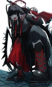 Rule 34 | 1girl, absurdres, ahoge, black boots, black hair, black nails, black skirt, blood, blood halo, blue archive, boots, breasts, commentary request, fangs, from below, gun, halo, highres, holding, holding gun, holding weapon, large breasts, liquid halo, long hair, long skirt, long sleeves, looking at viewer, low wings, nail polish, open mouth, over shoulder, red eyes, red halo, red ribbon, ribbon, school uniform, shotgun, simple background, skirt, solo, teeth, tongue, tongue out, tsurugi (blue archive), weapon, weapon over shoulder, winchester model 1887, wings, yuindesu