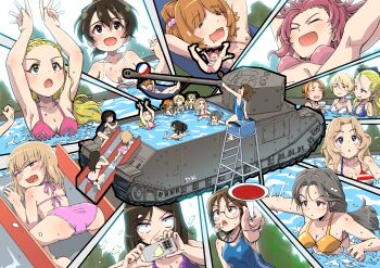 6+girls absurdres all_fours american_flag american_flag_bikini american_flag_print ass assam_(girls_und_panzer) beach_volleyball bikini blonde_hair blood blue_bikini blue_eyes blue_one-piece_swimsuit blush bow braid breasts brown_eyes brown_hair cameltoe cellphone cleavage closed_eyes commentary_request cup darjeeling_(girls_und_panzer) fang flag_print flag_print_bikini freckles girls_und_panzer glasses green_eyes grey_hair hair_bobbles hair_bow hair_ornament hair_ribbon hammock highres holding holding_cup iphone jumping katyusha_(girls_und_panzer) kay_(girls_und_panzer) koyama_yuzu kuroneko_douji large_breasts looking_at_viewer looking_back military_vehicle motor_vehicle multiple_girls nakajima_(girls_und_panzer) nonna_(girls_und_panzer) nosebleed one-piece_swimsuit open_mouth orange_bikini orange_hair orange_pekoe_(girls_und_panzer) outdoors phone pink_bikini pink_hair piyotan_(girls_und_panzer) ponytail pool print_bikini purple_bikini ribbon rosehip_(girls_und_panzer) sasagawa_kanon sasaki_akebi short_hair slide small_breasts smartphone smile swimsuit taking_picture tank teacup tog_ii water_slide whistle whistle_around_neck white_bikini wide-eyed yuuko_(girls_und_panzer)