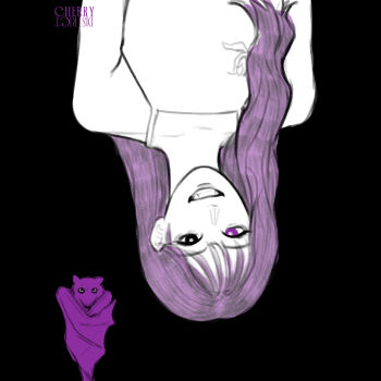 Rule 34 | 1girl, absurdres, bat (animal), black background, black eyes, cherrydistrict, choerry, commentary, heterochromia, highres, long hair, loona (group), purple eyes, purple hair, simple background, smile, upper body, upside-down