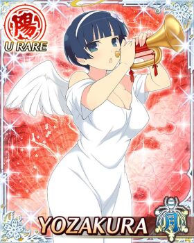 Rule 34 | 1girl, :o, angel, angel wings, arms up, blue eyes, blue hair, border, bowl cut, breasts, card (medium), character name, cleavage, dress, fake halo, fake wings, flower, game cg, hair flower, hair ornament, hairband, halo, holding, holding instrument, holding trumpet, instrument, large breasts, low neckline, official art, senran kagura, senran kagura new wave, short hair, solo, third-party source, trumpet, white dress, white hairband, wings, yozakura (senran kagura)