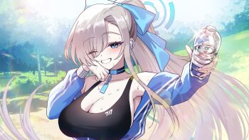 1girl asuna_(blue_archive) bare_shoulders black_bra blonde_hair blue_archive blue_bow blue_eyes blue_halo blue_jacket blush bottle bow bra breasts choker cleavage earpiece grin hair_bow hair_over_one_eye halo highres holding holding_bottle incoming_gift jacket kyundoo large_breasts long_hair looking_at_viewer mole mole_on_breast open_clothes open_jacket partially_open_jacket ponytail smile solo sports_bra sweat underwear very_long_hair