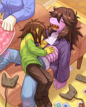 1other 2girls amber_graygamma brown_hair closed_eyes colored_skin controller couch deltarune freckles furry furry_female game_controller jacket kris_(deltarune) multiple_girls open_mouth reptile_girl sharp_teeth sleeping sleeping_on_person striped_clothes susie_(deltarune) teeth toriel utdr_(toby_fox) yellow_skin