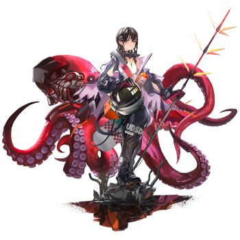 1girl bikini bikini_top_only black_bikini black_hair bodysuit breasts brown_hair cape choker collar diving_helmet diving_suit dry_suit ear_piercing full_body game_cg girls&#039;_frontline girls&#039;_frontline_neural_cloud gloves hair_ornament hairclip hatsuchiri_(neural_cloud) helmet highres holding holding_unworn_helmet holding_polearm holding_weapon jewelry key key_necklace lin+ long_hair looking_at_viewer lorem_ipsum metal_collar mole mole_on_breast mole_under_eye necklace official_art open_wetsuit oxygen_tank partially_unzipped piercing polearm red_eyes small_breasts solo space_helmet spear suction_cups swimsuit swimsuit_under_clothes tentacles third-party_source transparent_background unworn_headwear unworn_helmet wavy_hair weapon wet