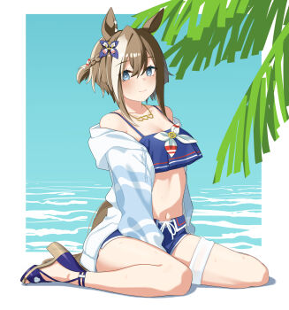 1girl absurdres anchor_hair_ornament animal_ears bare_shoulders bikini bikini_shorts blue_bikini blue_swim_trunks blush braid breasts cheval_grand_(summer_calm_navy_drop)_(umamusume) cheval_grand_(umamusume) cleavage closed_mouth commentary_request full_body hair_ornament half_up_half_down_braid heart heart_necklace highres horse_ears horse_girl horse_tail jacket jewelry looking_at_viewer necklace off_shoulder official_alternate_costume official_alternate_hairstyle open_clothes open_jacket short_hair short_hair_with_long_locks shorts sidelocks sitting solo swimsuit tail thighs tikatetu7facty umamusume wariza white_jacket white_streaks