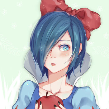 Rule 34 | 1girl, :o, apple, black nails, blue dress, blue eyes, blush, bow, collarbone, commentary, dress, food, fruit, g4265059, grass print, green background, hair bow, hair over one eye, highres, holding, holding food, holding fruit, kirishima touka, nail polish, apple, red bow, red lips, simple background, symbol-only commentary, tokyo ghoul