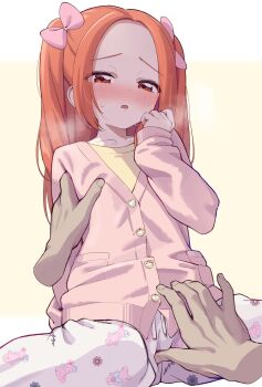 1girl 1other aikatsu! aikatsu!_(series) bow disembodied_hand fingering fingering_through_clothes forehead furrowed_brow groping hair_bow half-closed_eyes hand_on_another's_chest hand_up highres loli long_sleeves nipple_stimulation nipple_stimulation_through_clothes orange_eyes orange_hair otoshiro_noel pants pink_bow pink_sweater print_pants ren-da-min shirt simple_background sitting solo sweater through_clothes white_background white_pants yellow_shirt