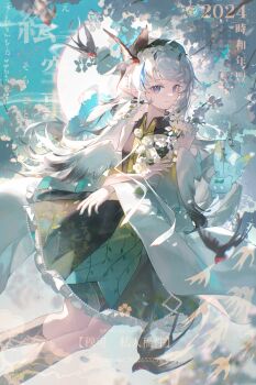 1girl absurdres amukeer bare_shoulders bird black_dress black_hat black_socks blue_eyes blue_hair blunt_bangs closed_mouth day detached_sleeves dress feet_out_of_frame frilled_dress frills hat highres kneehighs long_hair long_sleeves looking_at_viewer multicolored_hair original outdoors sleeveless sleeveless_dress smile socks solo streaked_hair watermark white_hair white_sleeves wide_sleeves