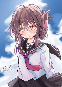 1girl absurdres anchor_symbol black_sailor_collar black_skirt blush brown_eyes brown_hair cloud cloudy_sky day folded_ponytail highres hizaka inazuma_(kancolle) kantai_collection long_hair long_sleeves neckerchief open_mouth outdoors pleated_skirt red_neckerchief sailor_collar school_uniform serafuku shirt signature skirt sky solo twitter_username upper_body white_shirt