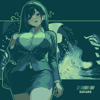 1girl ? ?? artist_name bag black_jacket blush breasts bursting_breasts collared_shirt deformed drooling drunk empty_eyes highres jacket large_breasts long_sleeves miniskirt office_lady original pencil_skirt pixel_art shirt skirt solo specialhanako walking white_shirt