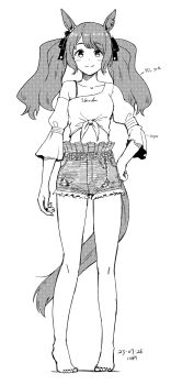 1girl animal_ears bare_legs barefoot bra_strap closed_mouth commentary_request cutoffs dated denim denim_shorts dot_nose ear_ornament ear_piercing frills full_body greyscale hair_ribbon hand_on_own_hip high-waist_shorts highres horse_ears horse_girl horse_tail kawashina_(momen_silicon) long_hair looking_at_viewer midriff monochrome nail_polish official_alternate_costume piercing ribbon shirt short_shorts shorts signature simple_background single_bare_shoulder smile solo standing straight-on swept_bangs tail tareme three-quarter_sleeves tied_shirt tiptoes tosen_jordan_(casual)_(umamusume) tosen_jordan_(umamusume) twintails umamusume white_background wide_sleeves