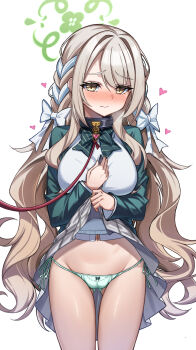 1girl absurdres animal_collar blue_archive blush bow bowtie braid chai_mao choppy_bangs clothes_lift collar cowboy_shot diagonal-striped_bow diagonal-striped_bowtie diagonal-striped_clothes flower_halo gluteal_fold green_bow green_bowtie green_halo green_jacket grey_skirt hair_bow hair_ribbon halo heart highres jacket leash lifting_own_clothes long_hair looking_at_viewer miyo_(blue_archive) panties ribbon ribbon_braid side-tie_panties skirt skirt_lift solo string_panties striped_bow striped_bowtie striped_clothes underwear viewer_holding_leash white_background white_bow white_panties