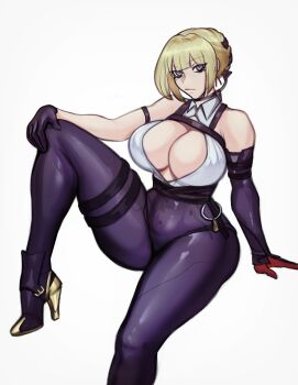 1girl arm_strap black_gloves black_pants blonde_hair braid braided_bun breasts cleavage collared_shirt ear_piercing earrings elbow_gloves evelyn_chevalier gloves hair_bun high-waist_pants high_heels highres jewelry large_breasts latex_pants looking_at_viewer mole mole_under_eye nextoad pants piercing purple_eyes shirt simple_background sleeveless sleeveless_shirt tight_clothes tight_pants white_background zenless_zone_zero