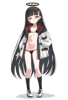 1girl aged_down alternate_breast_size_(smaller) bikini black_bikini black_hair black_socks blue_archive breasts collarbone commentary_request full_body halo hand_up highres jacket kneehighs long_hair long_sleeves momendoufu navel parted_lips puffy_long_sleeves puffy_sleeves red_eyes rio_(blue_archive) shoes small_breasts socks solo string_bikini swimsuit very_long_hair white_background white_jacket white_shoes