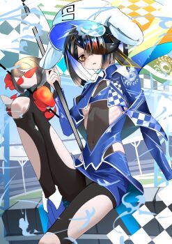 1girl absurdres black_hair black_leotard black_pants boots breasts brown_eyes clothing_cutout commentary_request fate/grand_order fate_(series) highres kitsunebi44410 leotard long_hair looking_at_viewer navel pants race_queen shrug_(clothing) sitting small_breasts solo stomach underboob xu_fu_(fate)