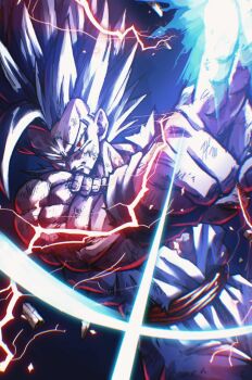 Rule 34 | 1boy, cowboy shot, dark background, dragon ball, dragon ball super, dragon ball super super hero, electricity, gohan beast, grey hair, hashagu, long hair, makankousappou, male focus, muscular, muscular male, pants, purple pants, purple shirt, red eyes, red sash, sash, shirt, solo, son gohan, spiked hair