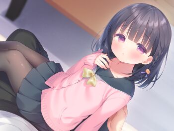 1boy 1girl :o black_hair blush braid cardigan flat_chest game_cg hair_ornament kazari_(mainichi_kiss_shite_lolita) large_variant_set looking_at_viewer mainichi_kiss_shite_lolita medium_hair non-web_source pantyhose parted_lips pink_cardigan pink_eyes pov side_braid sitting sitting_on_lap sitting_on_person skirt solo_focus usashiro_mani variant_set