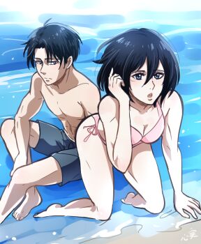 1boy 1girl affair arm_support bad_tag barefoot beach betrayal bikini black_hair black_male_swimwear black_swim_trunks blush breasts cheating_(relationship) cleavage closed_mouth collarbone cousins disgrace disgust family foot_out_of_frame full_body hand_in_own_hair incest incestuous incestus infidelity kneeling kokomi_(aniesuakkaman) levi_(shingeki_no_kyojin) looking_at_viewer male_swimwear mikasa_ackerman netorare netorase open_mouth out_of_character outdoors pink_bikini shingeki_no_kyojin side-tie_bikini_bottom signature sitting swim_trunks swimsuit teeth topless_male unfaithful upper_teeth_only water