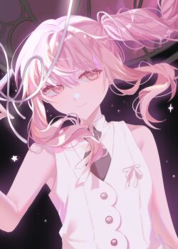 1other absurdres akiyama_mizuki bare_arms bare_shoulders black_background black_necktie buttons closed_mouth commentary hair_between_eyes hand_up highres long_hair necktie official_alternate_costume other_focus pink_eyes pink_hair project_sekai shirt side_ponytail sidelocks sleeveless sleeveless_shirt smile solo upper_body utakata_ni_idakarete_(project_sekai) white_shirt yeonhyeol