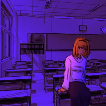 1girl ahoge arcueid_brunestud blonde_hair breasts classroom clock desk dress emuseatshit highres light_frown long_sleeves looking_at_viewer medium_breasts on_desk red_eyes short_hair sitting solo sweater tsukihime turtleneck turtleneck_sweater white_sweater