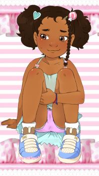 1girl arm_support blue_dress blue_shoes blush bow bow_panties bracelet braid brown_eyes brown_hair cameltoe collarbone dark_skin dress embarrassed flat_chest footwear_bow hair_bobbles hair_ornament hairclip heart heart_hair_ornament holding_own_leg jewelry loli looking_to_the_side mole mole_on_chest mole_under_eye original panties pink_bow purple_panties shoes short_hair side_braid single_braid sitting sleeveless sleeveless_dress smile sneakers socks sprinklepilled striped_background sweat twintails underwear unteralterbach white_background white_socks yellow_bow