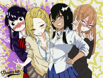 Rule 34 | 4girls, abstract background, anjou (yancha gal), black hair, blonde hair, blush, bow, breasts, bunny ears prank, cleavage, collared shirt, colorized, crossover, earrings, embarrassed, flying sweatdrops, fox shadow puppet, grin, hair ornament, hairclip, hand on own hip, hiding, hug, ijiranaide nagatoro-san, jacket, jewelry, komi-san wa komyushou desu, komi shouko, long hair, long sleeves, looking at viewer, makoto, mizuno amane, multiple crossover, multiple girls, n aaaa, nagatoro hayase, orange hair, pleated skirt, sanpaku, sanpakugan-chan no ohanashi, school uniform, shirt, short hair, skirt, sleeves past wrists, small breasts, smile, sweat, sweater, trait connection, trembling, v, white shirt, yancha gal no anjou-san