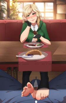 1girl absurdres artntai bandaged_hand barefoot blonde_hair blush boots breast_rest breasts breasts_on_table brown_eyes bulge croissant feet food footjob footjob_over_clothes footjob_under_table green_eyes head_rest heterochromia highres large_breasts long_hair looking_at_viewer shoes smile soles toeless_legwear toes under_table unworn_boots unworn_shoes