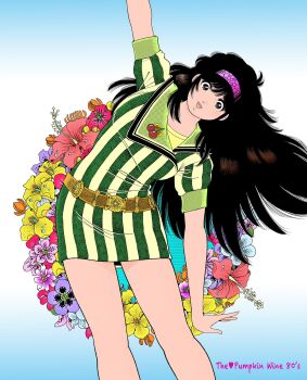 Rule 34 | 1980s (style), 1girl, arm up, asaoka natsumi, asymmetrical clothes, asymmetrical dress, belt, black hair, blue flower, brown belt, brown eyes, cherry print, commentary request, copyright name, dress, feet out of frame, flower, food print, fruit print, green dress, hairband, highres, leaning to the side, long hair, looking at viewer, miura mitsuru, official artist extra, oldschool, open mouth, orange flower, pink flower, pink hairband, purple flower, red flower, retro artstyle, short dress, short sleeves, smile, solo, stretching, striped clothes, striped dress, teeth, the kabocha wine, upper teeth only, vertical-striped clothes, vertical-striped dress, yellow flower
