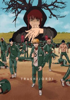 4boys 4girls @_@ abs beam_(chainsaw_man) black_eyes black_hair blonde_hair blood blood_on_clothes blood_on_face blunt_bangs brown_hair chainsaw_man cho_sang-woo cho_sang-woo_(cosplay) cosplay denji_(chainsaw_man) deok-su deok-su_(cosplay) eyepatch green_jacket green_legwear green_pants hair_between_eyes hayakawa_aki higashiyama_kobeni highres hood hood_up horns jacket kang_sae-byeok kang_sae-byeok_(cosplay) long_hair long_sleeves makima_(chainsaw_man) mask medium_hair multiple_boys multiple_girls oh_il-nam oh_il-nam_(cosplay) orange_eyes pale_skin pants pectorals pink_hair plague_doctor_mask ponytail power_(chainsaw_man) quanxi_(chainsaw_man) red_eyes seong_gi-hun seong_gi-hun_(cosplay) sharp_teeth shirt unworn_shirt short_hair three-quarter_sleeves smile squid_game sweat teeth track_suit trashjordi tree violence_fiend_(chainsaw_man) white_hair white_shirt yellow_eyes