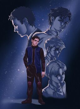 1990s_(style) 2000s_(style) 5boys age_difference anniversary commentary crossbone_gundam english_commentary gundam gundam_f91 gundam_g-saviour gundam_hathaway's_flash hathaway_noa highres magazine_scan mark_curran military_uniform mixed-language_commentary multiple_boys multiple_girls nanopocalypse nebula official_art promotional_art retro_artstyle scan science_fiction seabook_arno space star_(sky) tobia_arronax uso_ewin victory_gundam western_comics_(style)