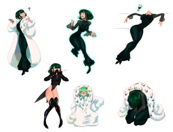 ? absurdres alcohol black_dress black_leotard blush boots coat covering_own_mouth cup dress drinking_glass fubuki_(one-punch_man) fur_coat green_hair highres holding holding_phone leotard multiple_views one-punch_man phone pic_chick_pic siblings sisters tailcoat tatsumaki thigh_boots white_background white_coat wine wine_glass