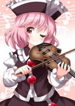 1girl black_hat black_skirt black_vest blush breasts closed_mouth commentary_request cosplay frilled_shirt_collar frills hair_between_eyes hat highres holding holding_instrument holding_violin instrument juliet_sleeves long_sleeves looking_at_viewer lunasa_prismriver lunasa_prismriver_(cosplay) music musical_note one_eye_closed pink_background pink_eyes pink_hair playing_instrument puffy_sleeves ruu_(tksymkw) saigyouji_yuyuko short_hair simple_background skirt small_breasts smile solo touhou vest violin