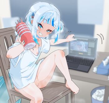 1girl alternate_costume artificial_vagina barefoot blue_eyes blue_hair blue_nails blunt_bangs blurry blush bottomless chair cleft_of_venus commentary computer depth_of_field feet flat_chest foot_up gawr_gura grin hair_ornament handjob_gesture heart heart-shaped_pupils hololive hololive_english laptop loli looking_at_viewer looking_to_the_side moral_cacoethes motion_lines multicolored_hair nail_polish naughty_face nipple_slip nipples off-shoulder_shirt off_shoulder on_chair outstretched_arm petite pussy pussy_juice sex_toy shark_hair_ornament shirt short_sleeves sitting smile smirk solo streaked_hair symbol-only_commentary symbol-shaped_pupils tenga tissue_box toe_scrunch trash_can two-tone_hair uncensored used_tissue virtual_youtuber white_hair white_shirt