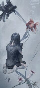 1girl arai_bokuseki black_hair black_shirt commentary_request fish flower from_behind full_body highres hugging_object koi long_hair original shirt sitting socks stuffed_animal stuffed_toy wariza water_lily_flower white_socks