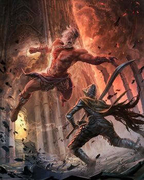 1boy 1other ariamis_arts armor artist_name beard blood blood_on_chest bloodhound_knight braid braided_beard breastplate burning cape chainmail commentary crown elden_ring english_commentary facial_hair full_armor greatsword green_cape helm helmet highres hoarah_loux holding holding_sword holding_weapon hounskull jumping long_beard medium_hair muscular plate_armor shoulder_armor sword vambraces weapon white_hair