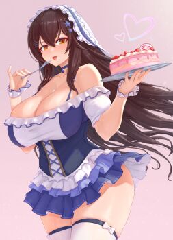 1girl :d blue_dress breasts brown_eyes brown_hair cake china_railway_girl cleavage collarbone commentary_request commission cream_cod dress food fork frilled_dress frills hair_between_eyes hair_ornament hairclip heart highres holding holding_fork holding_plate long_hair looking_at_viewer open_mouth personification pink_background plate saionji_rin_(crh380b) simple_background smile solo standing star_(symbol) star_hair_ornament thighhighs two-tone_dress very_long_hair white_dress white_thighhighs
