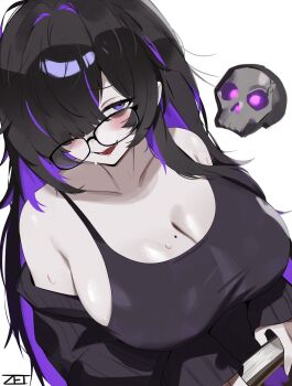 1girl artist_name bags_under_eyes black-framed_eyewear black_hair breasts cleavage colored_inner_hair commentary dress english_commentary floating_skull goddess_of_victory:_nikke grey_background highres label_(nikke) large_breasts long_hair mole mole_on_breast multicolored_hair nervous_smile open_mouth purple_eyes purple_hair simple_background smile solo taut_clothes taut_dress upper_body zet_(twt_zet)