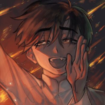 Rule 34 | 1boy, acliptyc, album cover redraw, alien stage, arm up, black eyes, black hair, commentary, derivative work, english commentary, fang, hand to own mouth, highres, ivan (alien stage), male focus, meteor shower, open mouth, portrait, shirt, short hair, smile, solo, teeth, upper teeth only, very short hair, white shirt