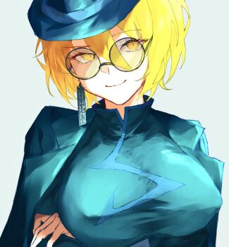 1girl blonde_hair blue_hat blue_jacket breasts china_dress chinese_clothes cinq_association_east_uniform closed_mouth commentary_request covered_erect_nipples don_quixote_(project_moon) dress glasses hair_between_eyes hat highres huge_breasts jacket jacket_on_shoulders limbus_company project_moon ritaritatter96 round_eyewear short_hair smile solo upper_body yellow_eyes