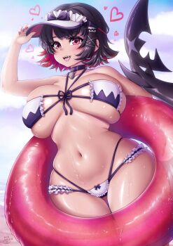 1girl :d bare_shoulders bikini black_choker black_hair blush breasts choker colored_inner_hair commentary ellen_joe english_commentary fins fish_tail hair_ornament hairclip hand_up highres innertube large_breasts large_tail looking_at_viewer multicolored_hair navel open_mouth pink_eyes red_eyes red_hair scar scar_on_tail sevie shark_girl shark_tail sharp_teeth short_hair smile solo stomach swim_ring swimsuit tail tan teeth visor_cap zenless_zone_zero