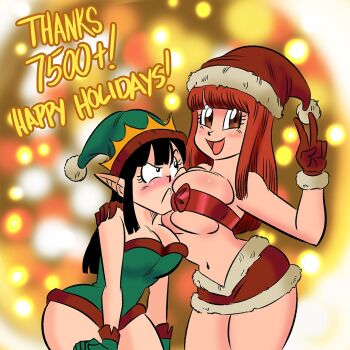 2girls ass black_eyes black_hair blush breasts chi-chi_(dragon_ball) christmas closed_mouth dragon_ball dragonball_z elf_hat english_text female_focus funsexydragonball hat holidays long_hair multiple_girls navel open_mouth pointy_ears red_eyes red_hair santa_hat stomach suno_(dragon_ball) text_focus tongue