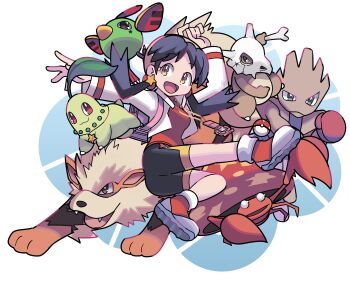1girl :d absurdres arcanine bike_shorts black_hair bone breasts chikorita cropped_jacket cubone earrings full_body gen_1_pokemon gen_2_pokemon highres hitmonchan jacket jewelry jumping kris_(pokemon) natu necklace nintendo open_mouth paras pokemon pokemon_(creature) pokemon_adventures red_footwear red_shirt shirt shoes smile star_(symbol) star_earrings star_necklace stchame twintails white_jacket yellow_eyes