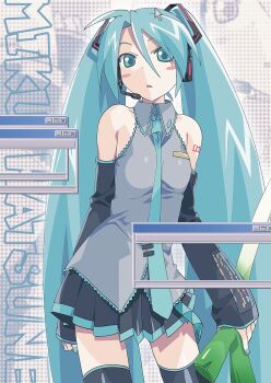 1girl 2000s_(style) :o aqua_eyes aqua_hair aqua_nails aqua_necktie bare_shoulders black_sleeves blush_stickers breasts character_name commentary cowboy_shot cursor detached_sleeves faux_retro_artstyle food grey_shirt hair_between_eyes hair_ornament halftone halftone_background hatsune_miku headset highres holding holding_food holding_spring_onion holding_vegetable kirinoha long_hair looking_at_viewer microsoft_windows necktie number_tattoo open_mouth petite shirt skirt sleeveless sleeveless_shirt small_breasts solo spring_onion tattoo thighhighs twintails untranslatable_commentary vegetable very_long_hair vocaloid watanabe_akio_(style) window_(computing) windows_98 windows_classic zoom_layer