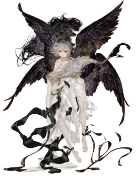 Rule 34 | 2girls, absurdres, black ribbon, black wings, closed eyes, dress, elbow gloves, feathered wings, gloves, grey hair, highres, long hair, looking at viewer, multiple girls, original, pantyhose, red eyes, revision, ribbon, shirone (coxo ii), single leg pantyhose, white background, white dress, white gloves, white hair, white pantyhose, wings