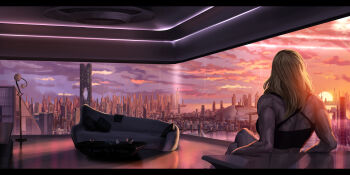 1girl absurdres against_table apartment back black_bra blonde_hair bra city commentary couch english_commentary from_behind highres in-universe_location lamp max_kay metroid metroid:_other_m morning nintendo samus_aran scenery sitting sky solo sun sunlight sunrise table underwear window