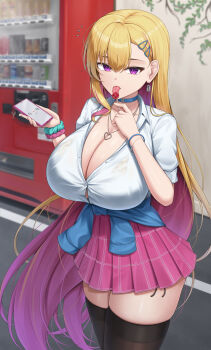 1girl amesuku_gyaru animal_print aqua_scrunchie bikini bikini_under_clothes black_thighhighs blonde_hair blue_choker blurry boryeon_(last_origin) breasts button_gap buttons candy cellphone cellphone_charm charm_(object) choker cleavage clothes_around_waist collarbone collared_shirt colored_inner_hair commentary_request day depth_of_field earrings food gradient_hair gyaru hair_between_eyes hair_ornament hairclip hands_up heart heart_necklace highres holding holding_candy holding_food holding_lollipop holding_phone huge_breasts jewelry kogal last_origin lazb. leopard_print leopard_print_bikini licking lollipop looking_at_viewer multicolored_hair necklace notice_lines outdoors phone pink_scrunchie pink_skirt plaid_clothes plaid_skirt plant pleated_skirt print_bikini purple_eyes purple_hair razor_blade_earrings road scissors scrunchie shirt short_sleeves single_earring skirt smartphone solo standing streaked_hair sweater sweater_around_waist swimsuit thighhighs thighs tied_sweater tongue tongue_out vending_machine white_shirt wrist_scrunchie wristband